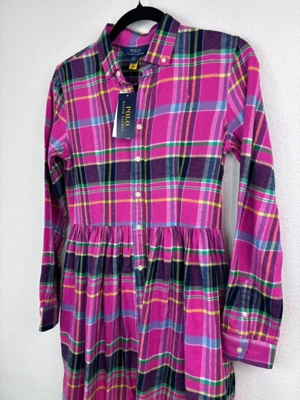 POLO Ralph Lauren girls 16 pink plaid long sleeve flannel dress preppy NWT
